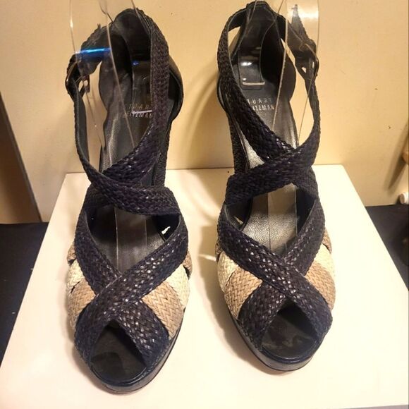 Stuart Weitzman Bradford Black Woven Leather Straps Platform Sandals sz.8.5 $375 - Picture 7 of 11